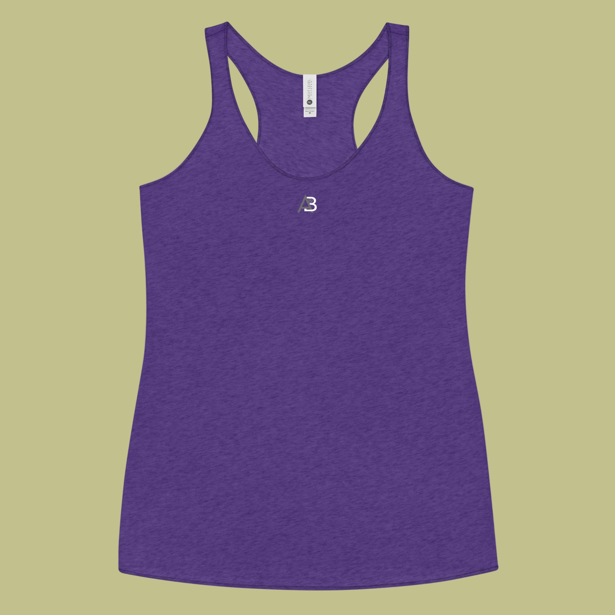 Purple tank top with a brand logo on a green background