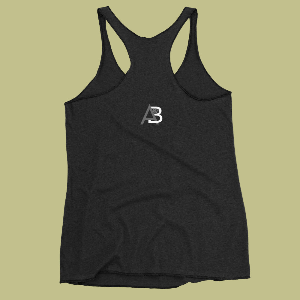 Black tank top with a logo on a beige background
