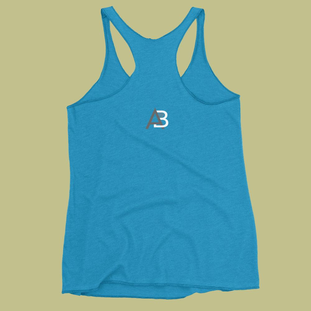 Blue tank top with a logo on a beige background