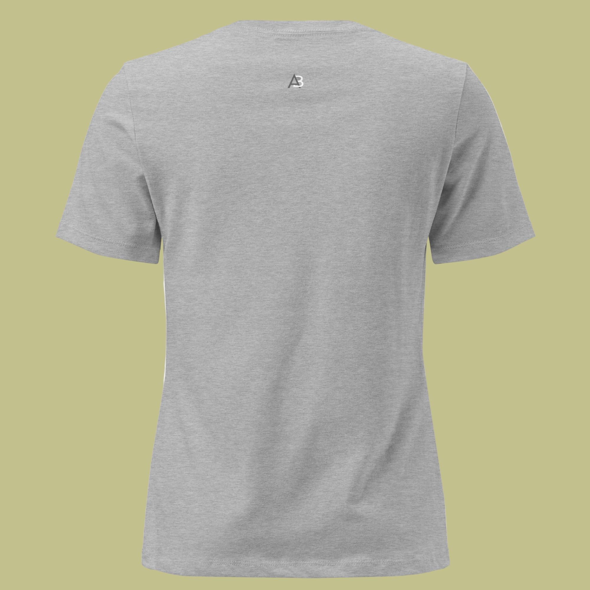 Gray t-shirt with a small logo on the chest against a white background