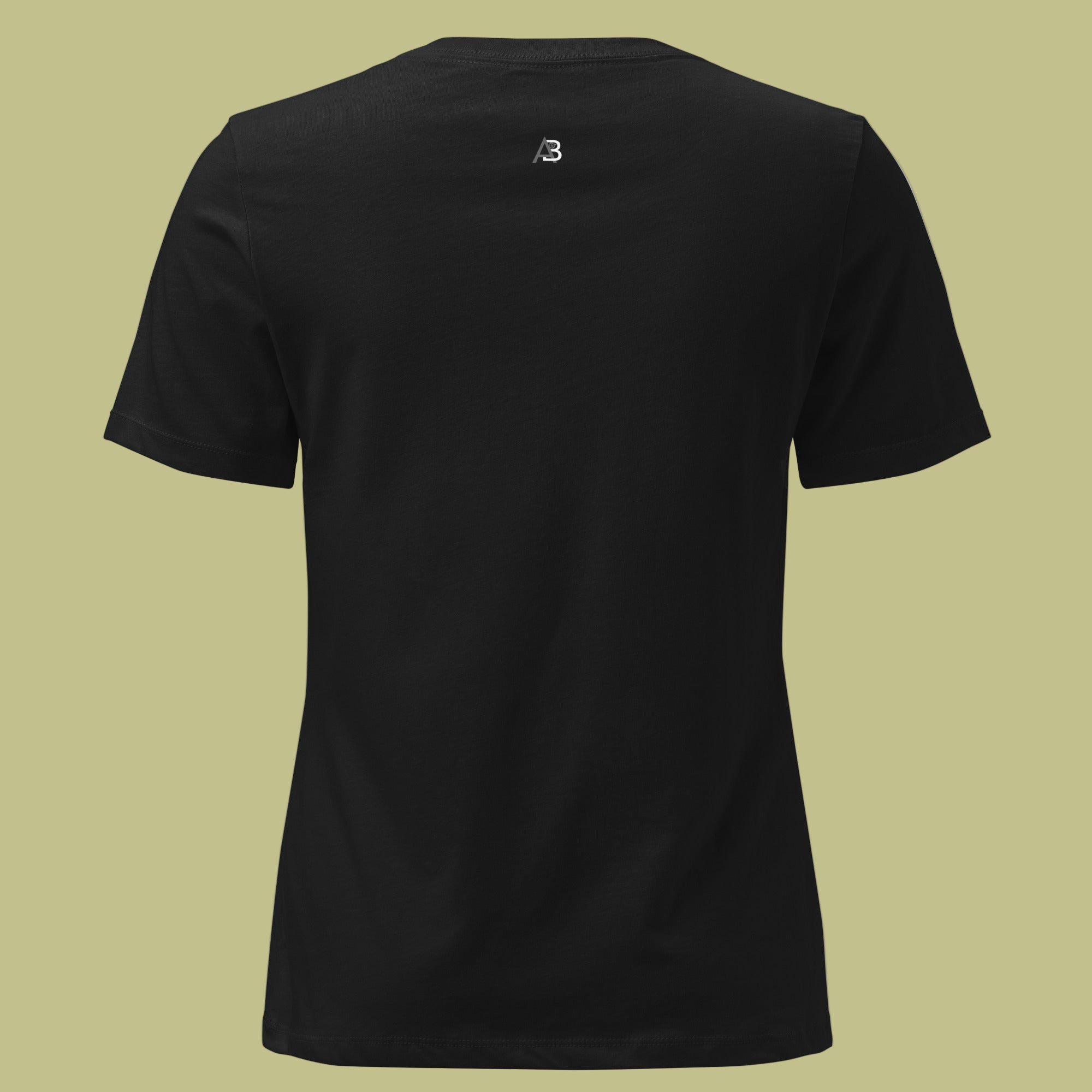 Black t-shirt with a logo on the chest against a beige background