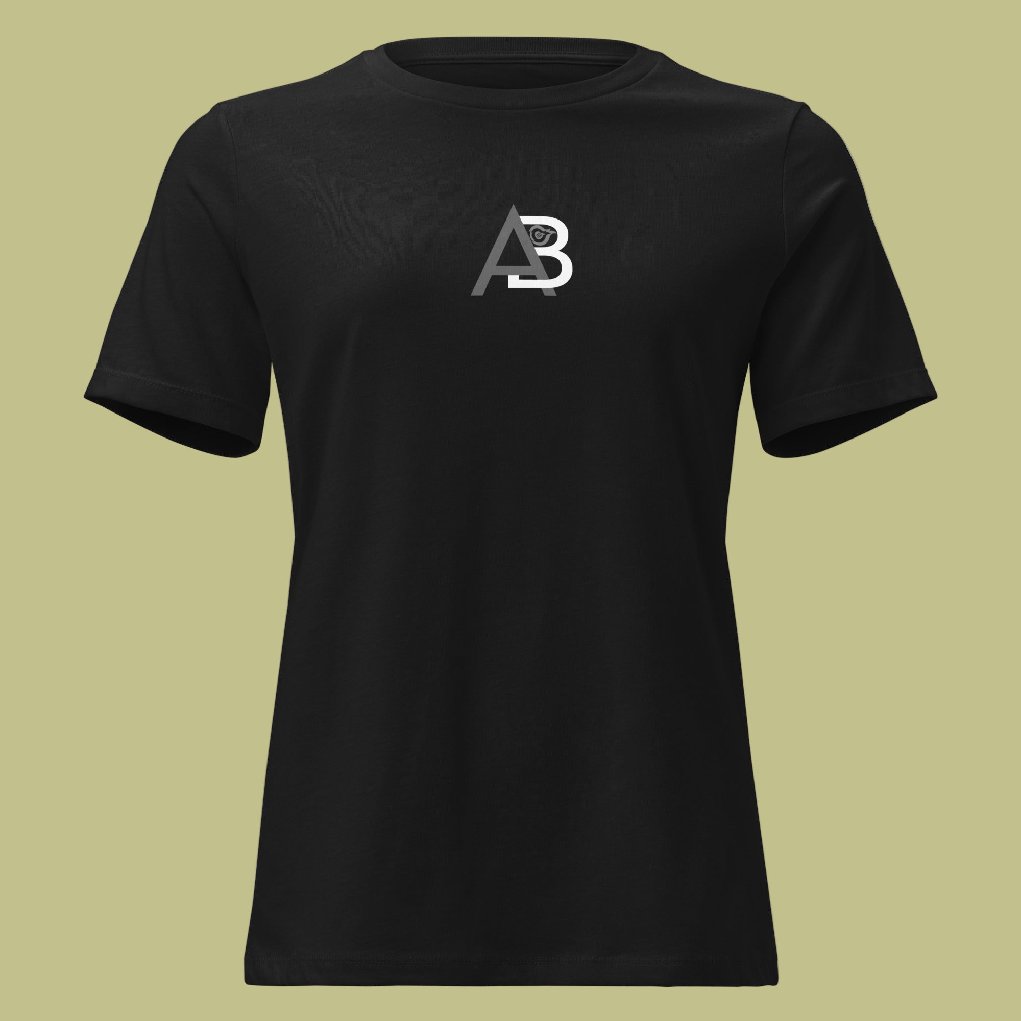 Black t-shirt with a logo on the chest against a white background