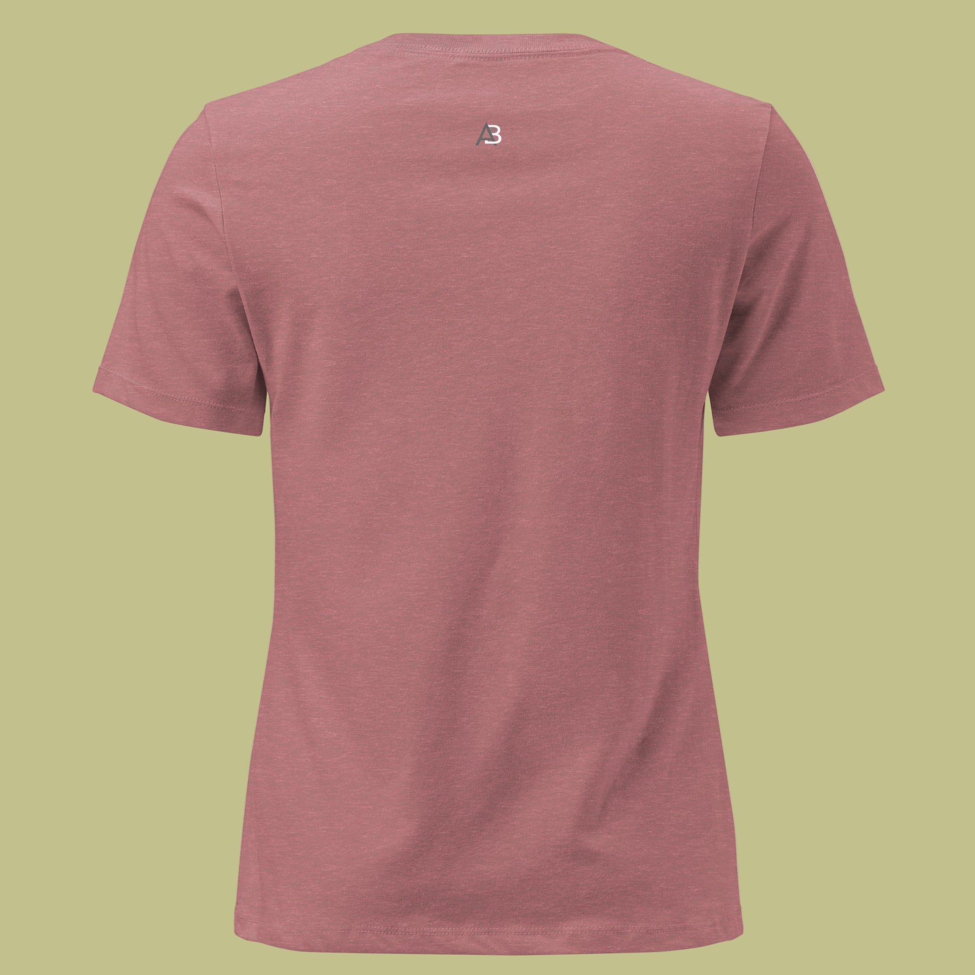 Maroon t-shirt with a small logo on the back against a light green background