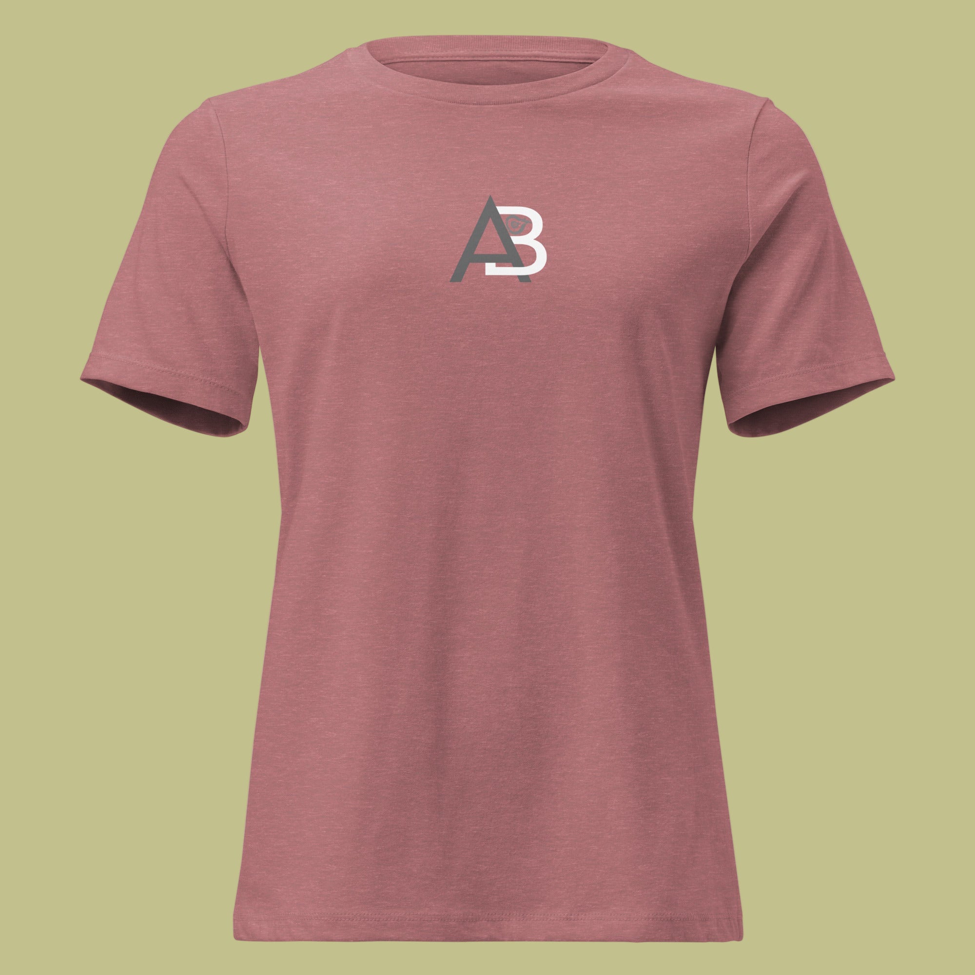 Maroon t-shirt with a logo on a green background