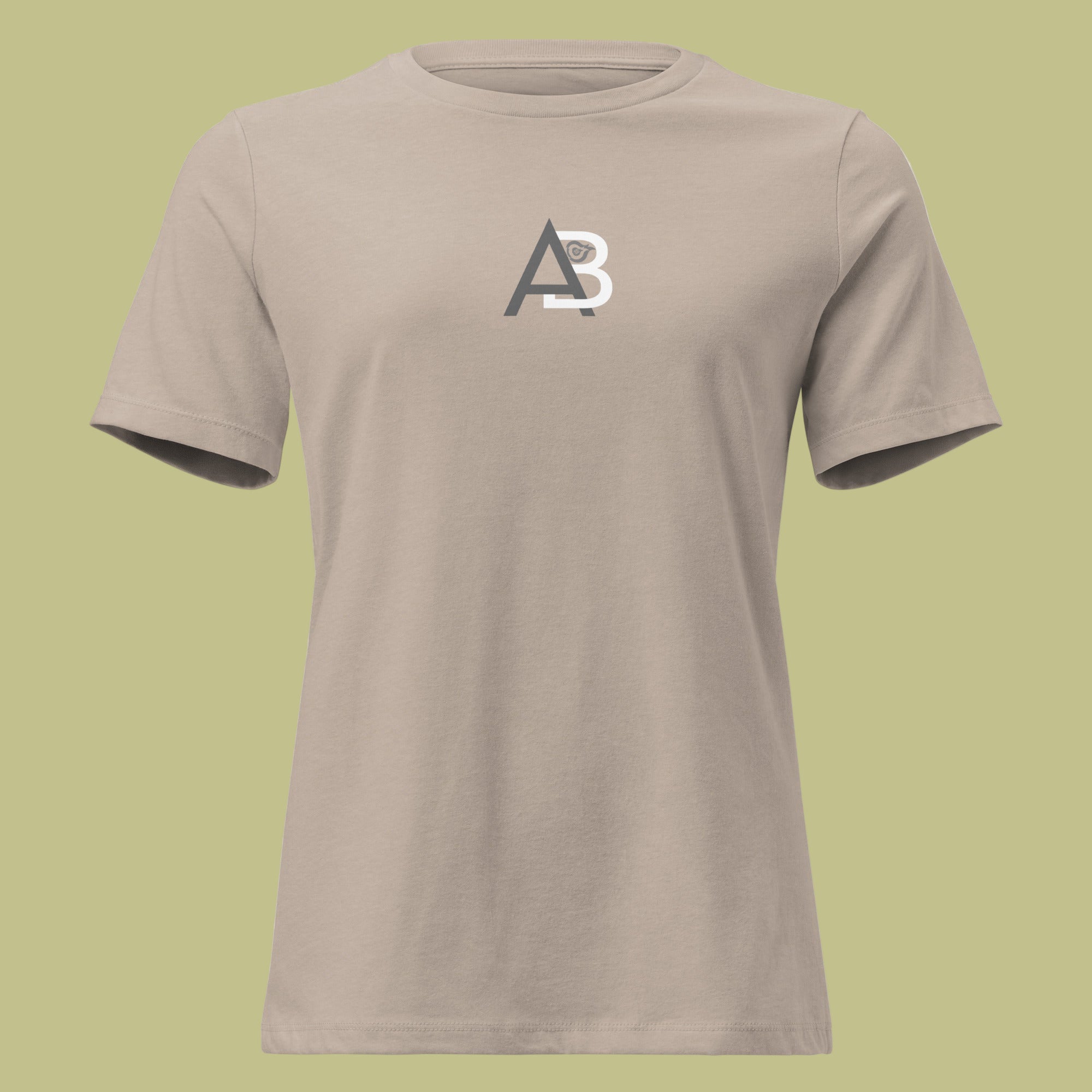 Beige t-shirt with a logo on a green background