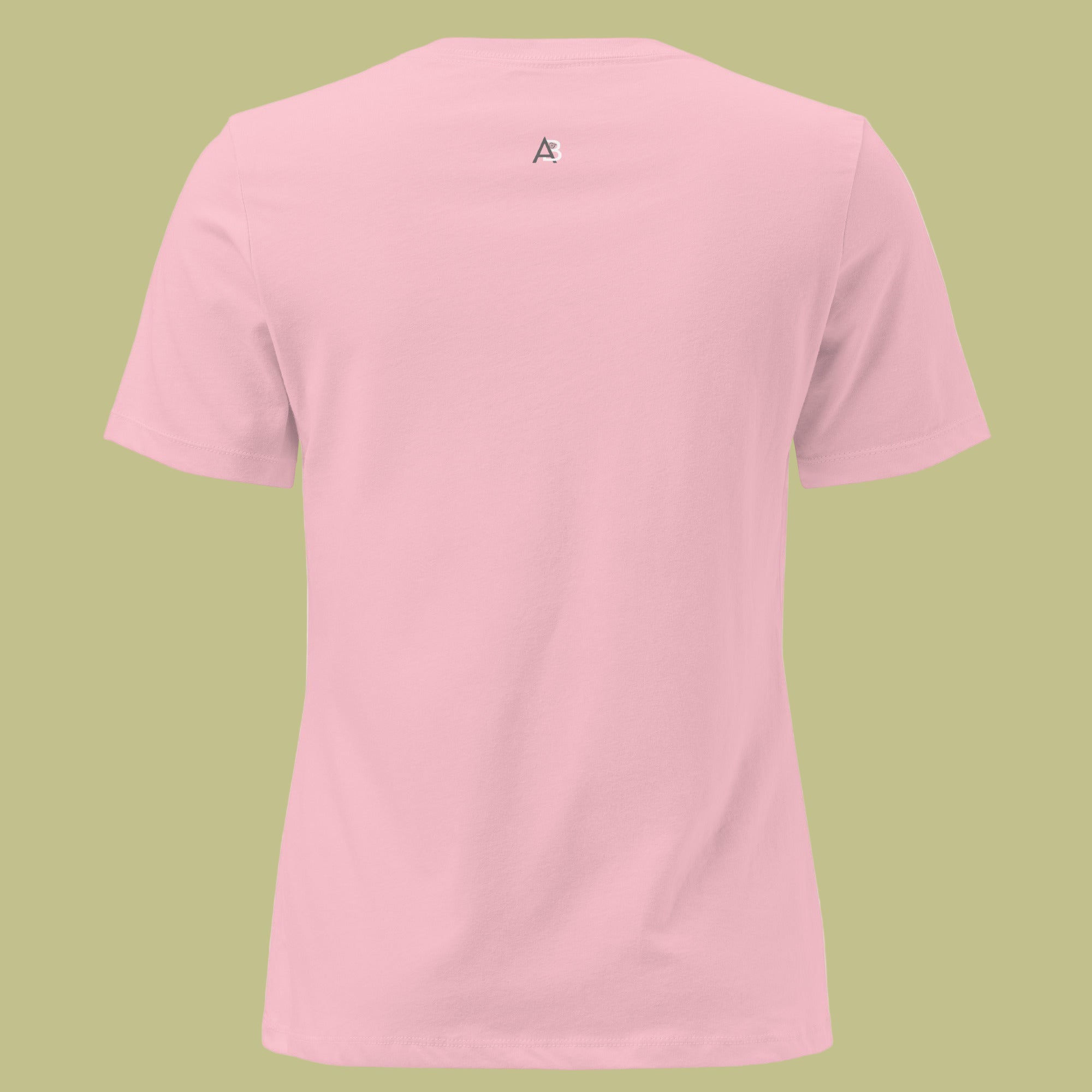 Pink t-shirt with a small logo on the back against a white background