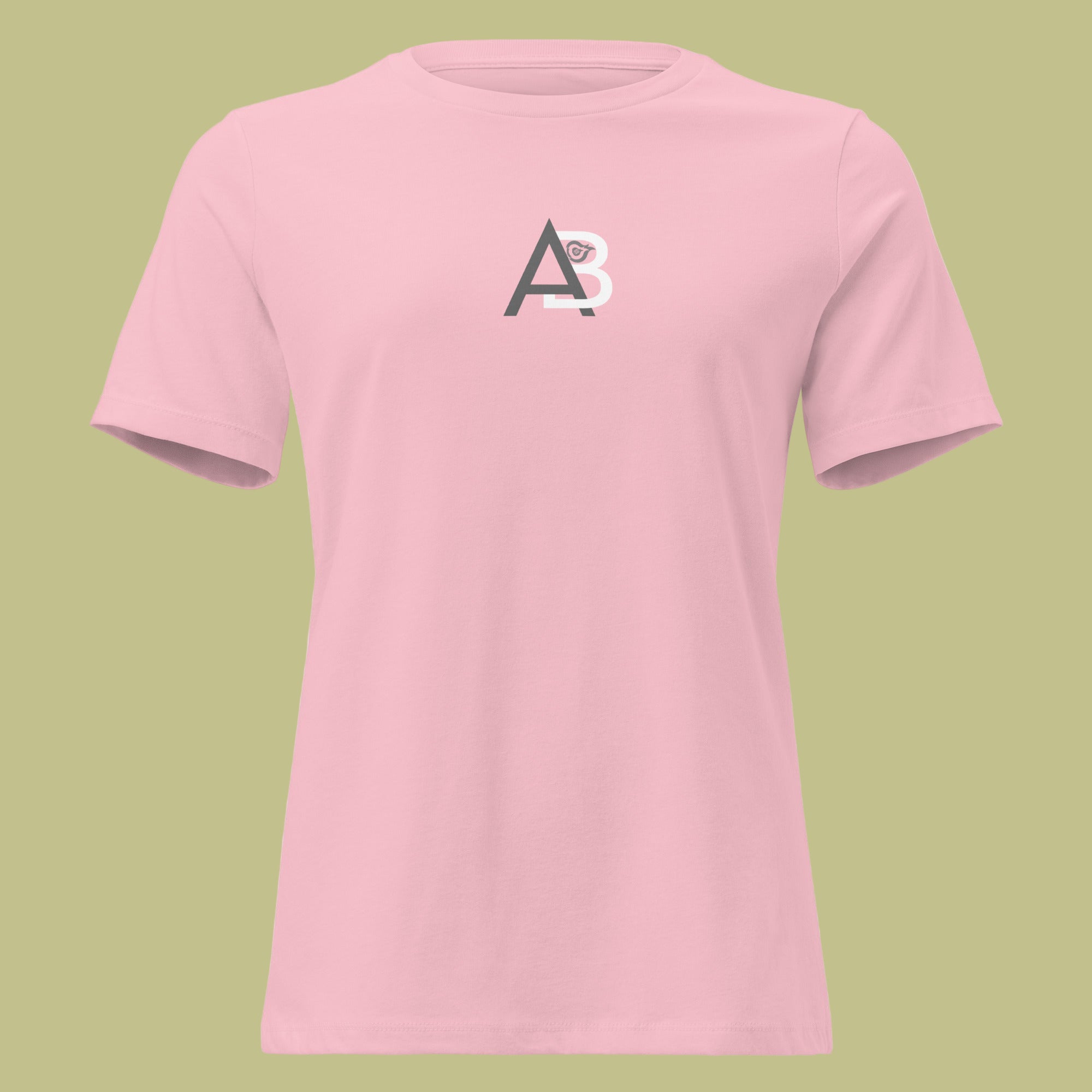 Pink t-shirt with a logo on a green background